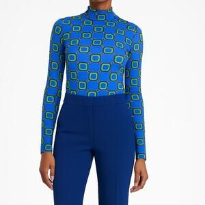 De Loreta NWT Sesamo Top Retro Square Print Mock Neck Long Sleeve Size Large